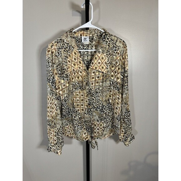 Maggie Lawrence Women Shirt Large Crop Top Long Sleeve Button Down Front Tie Vtg - Picture 1 of 8